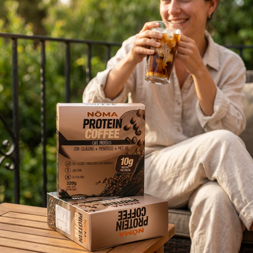 Caja NÖMA Protein Coffee con una persona disfrutando un café helado al aire libre.